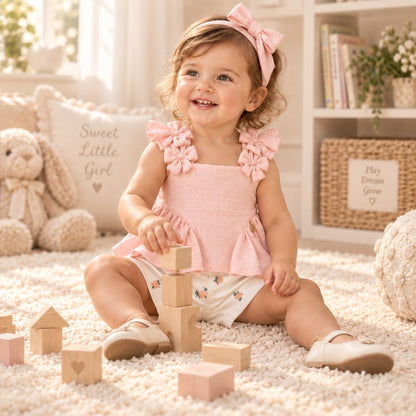 Niña con conjunto rosa y short blanco bordado sosteniendo flores