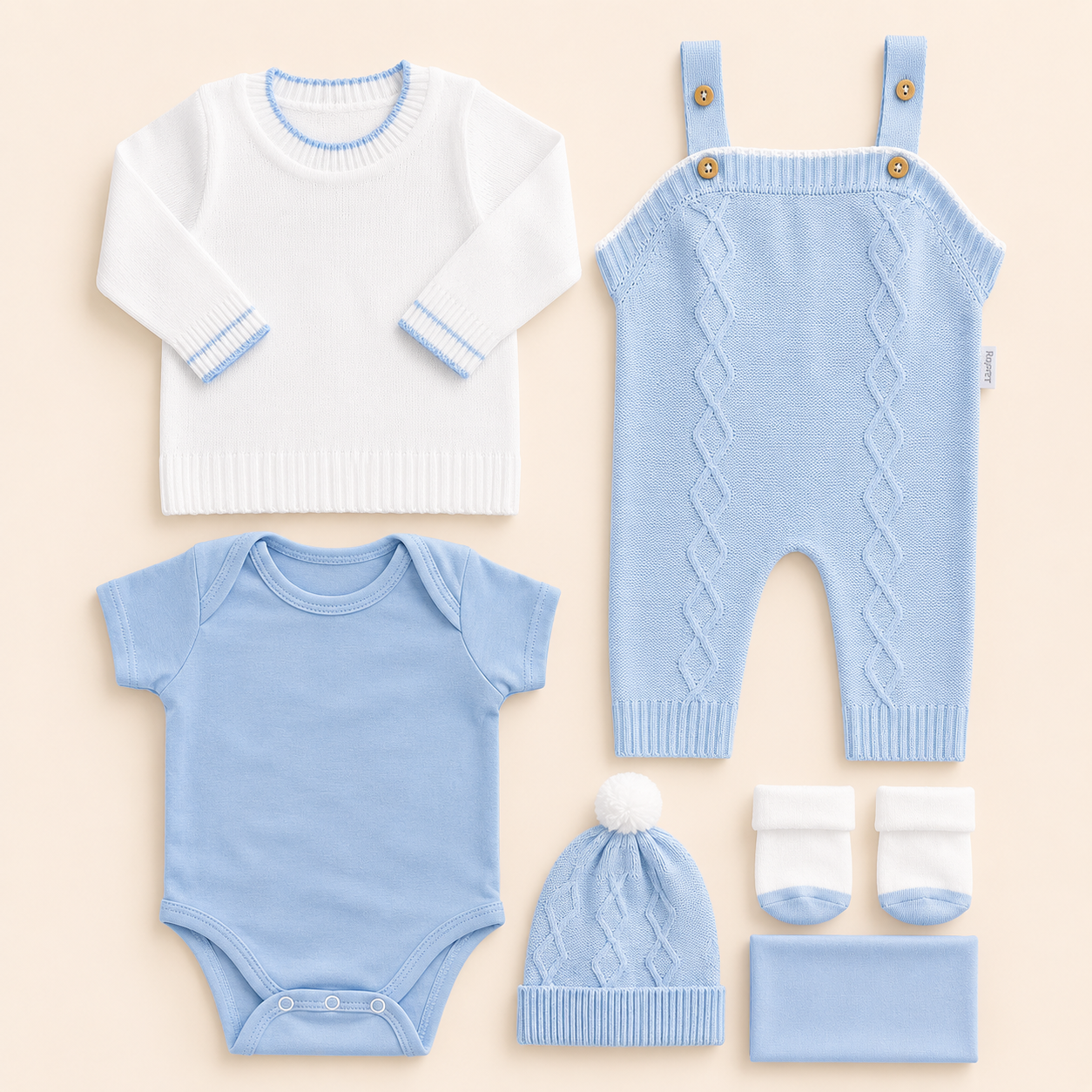 ⚪️ Conjunto Primera Muda Tejido Ref. Wally – Azul Cielo | Mara Baby