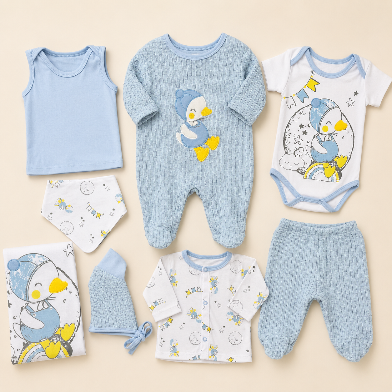 Ajuar Recién Nacido Pingüino Azul 8 Piezas – Mara Baby