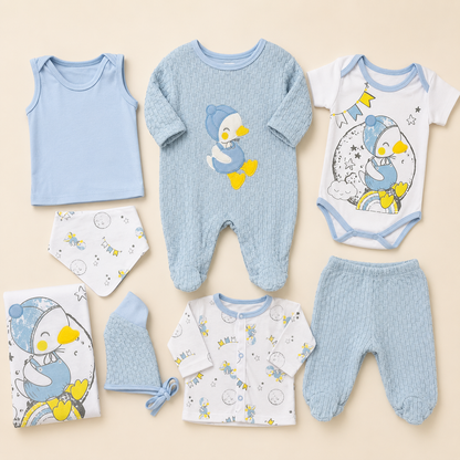 Ajuar Recién Nacido Pingüino Azul 8 Piezas – Mara Baby