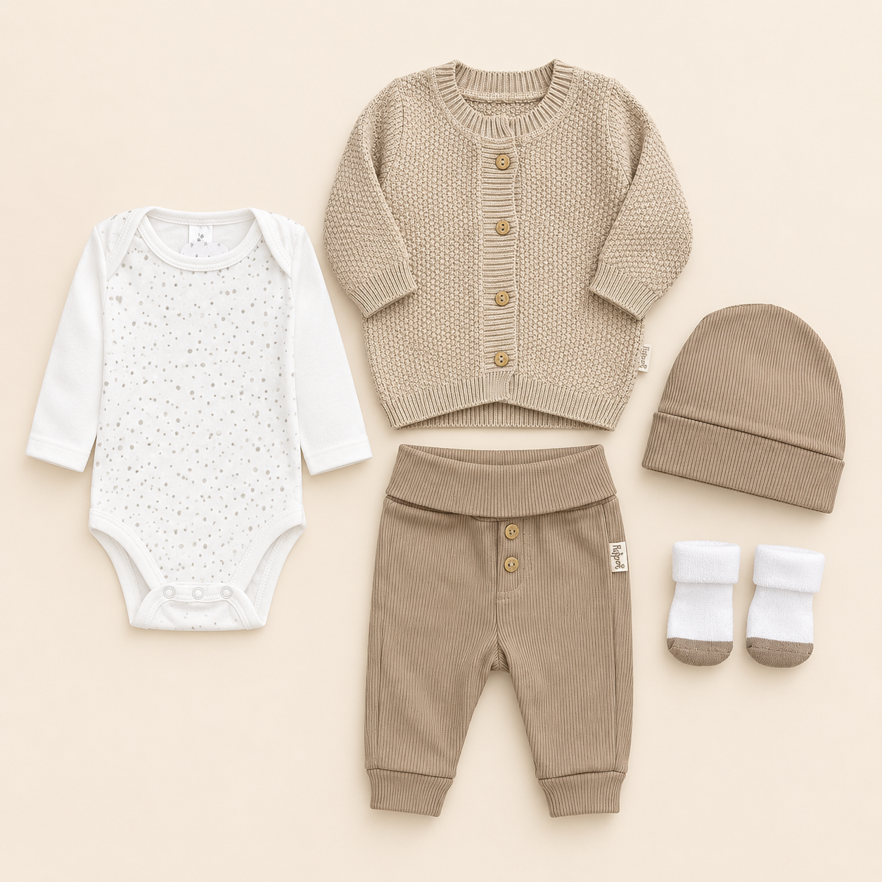 ⚪️ Conjunto Primer Día Tejido Ref. NOA – Beige | Mara Baby