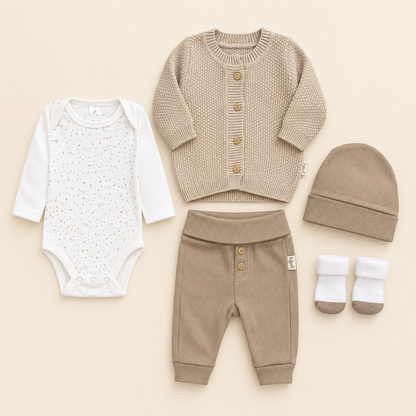 ⚪️ Conjunto Primer Día Tejido Ref. NOA – Beige | Mara Baby