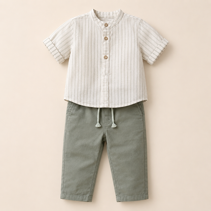 ⭕️ Conjunto Casual para Bebé Niño | Camisa de Lino a Rayas y Pantalón Verde Sage | Set 2 Piezas