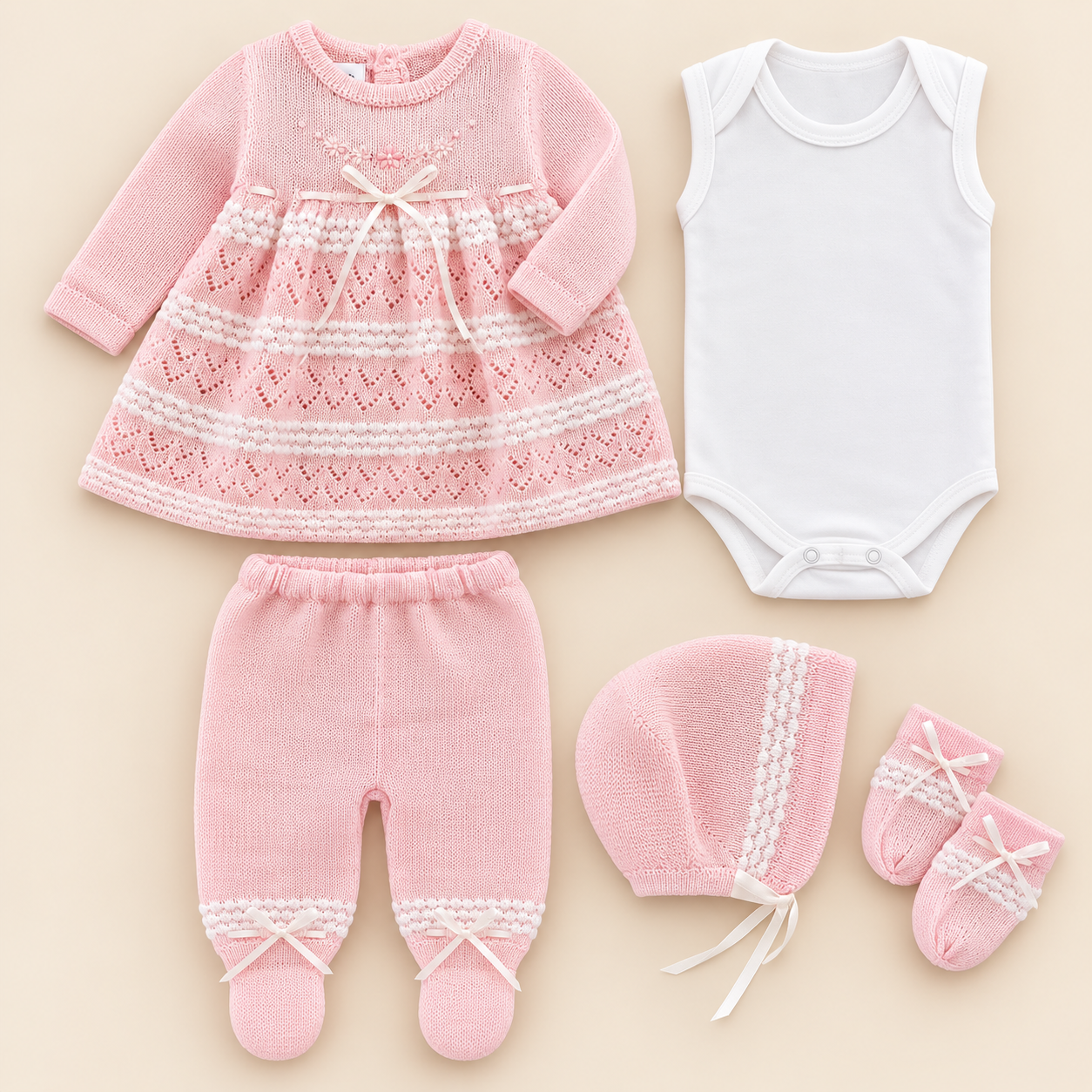 Conjunto Tejido Primer Día Bebé Niña 5 Piezas Rosa