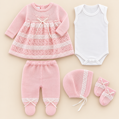 Conjunto Tejido Primer Día Bebé Niña 5 Piezas Rosa