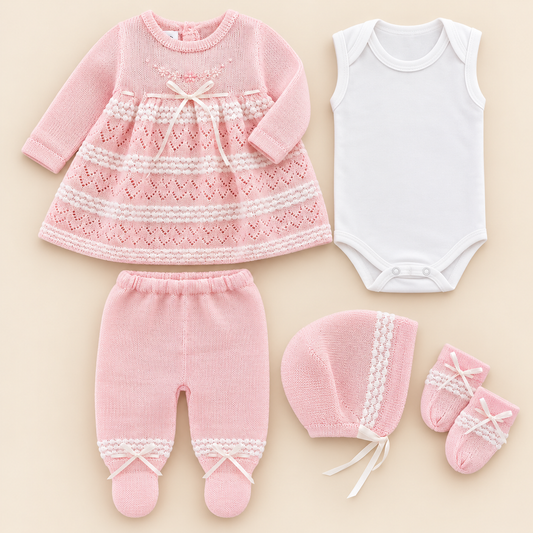 Conjunto Tejido Primer Día Bebé Niña 5 Piezas Rosa