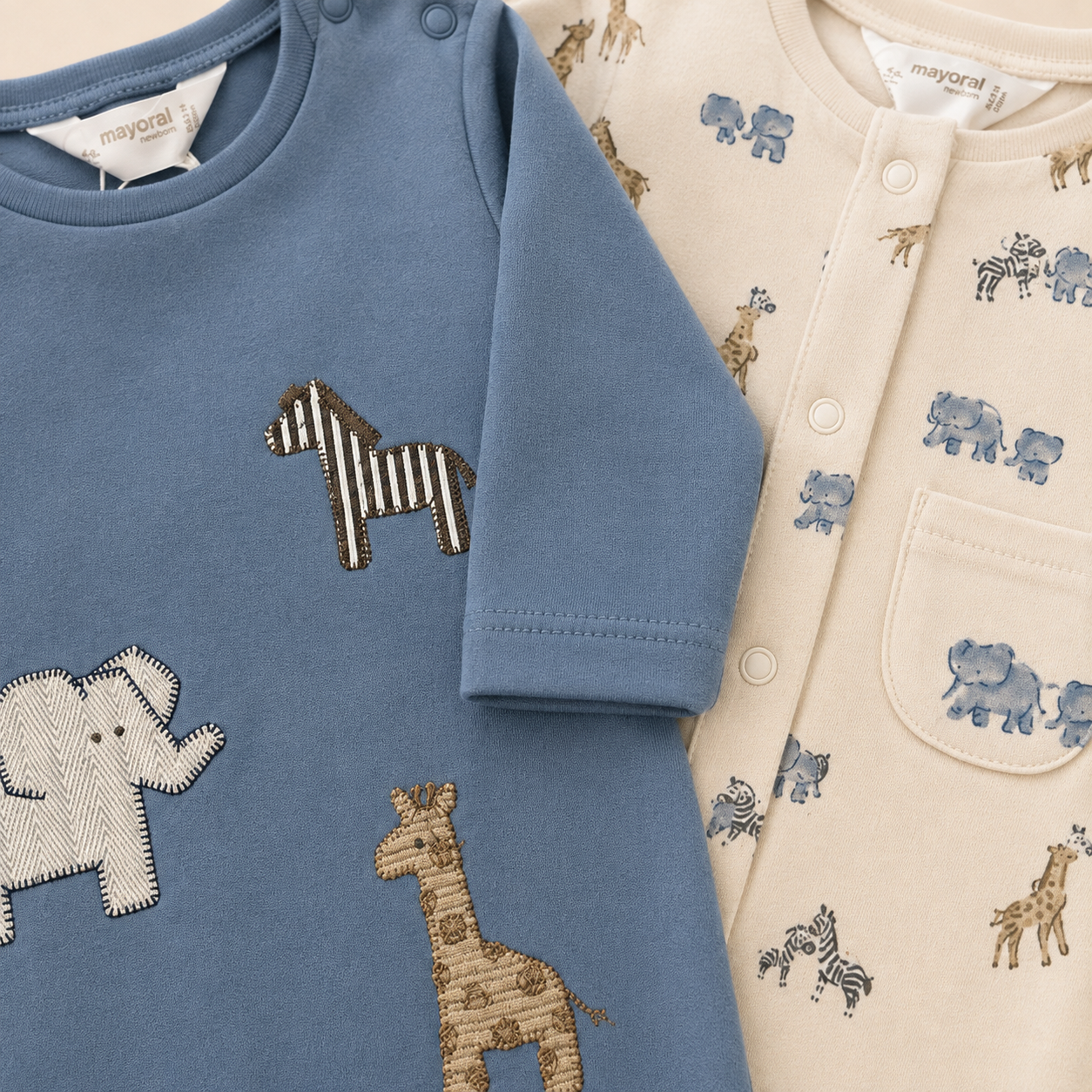 Set x2 Pijamas Enterizos Bebé Niño Animales Safari Azul y Crema | Mara Baby