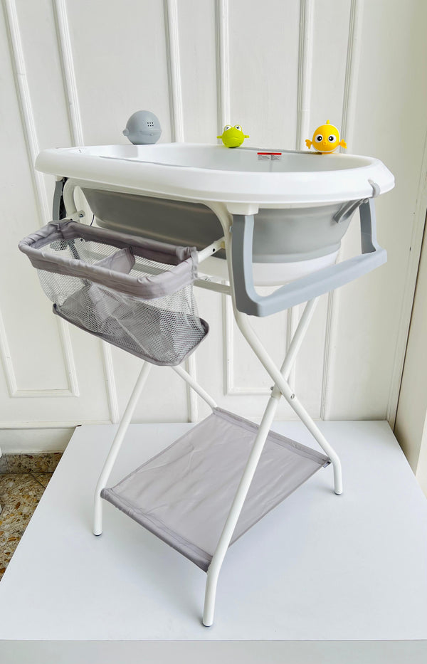 BAÑERA ALTA CON SOPORTE PLEGABLE Y ACCESORIOS GRIS