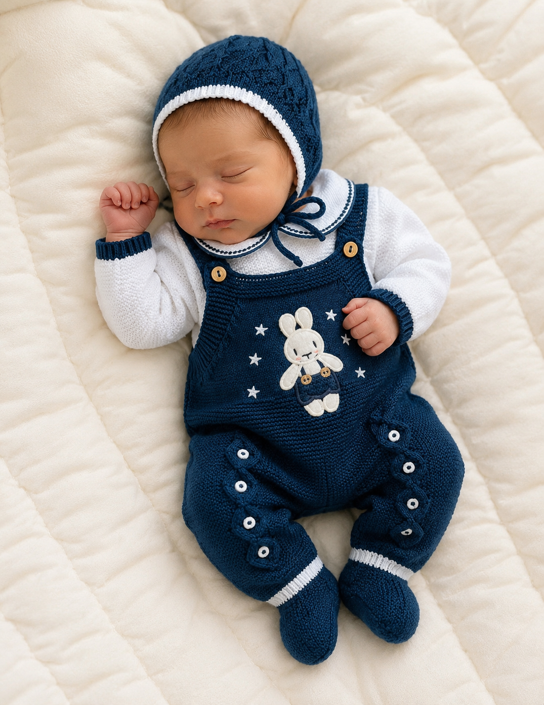 SET MARA TEJIDO PREMIUM - CONEJITO Y ESTRELLITAS - COLOR AZUL