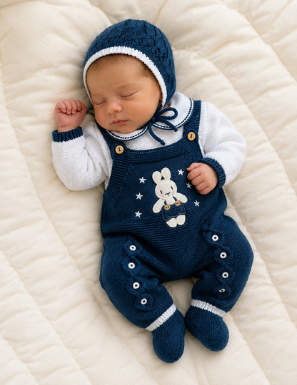 SET MARA TEJIDO PREMIUM - CONEJITO Y ESTRELLITAS - COLOR AZUL