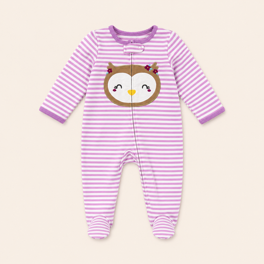 Enterizo Bebe Nina Rayas Lila Buho Bordado con Piecitos