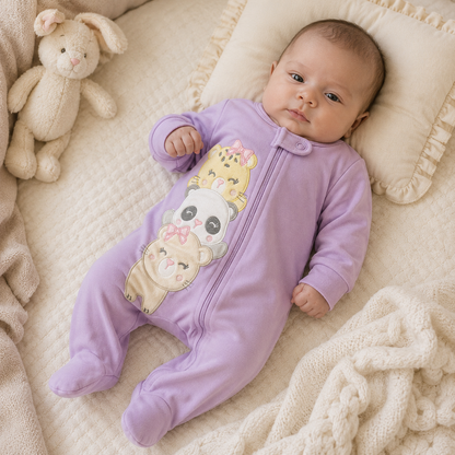 Set 3 Pijamas Enterizas Bebe Nina Tigre Panda Oso Lila - Manga Larga con Piecitos Choco Miel