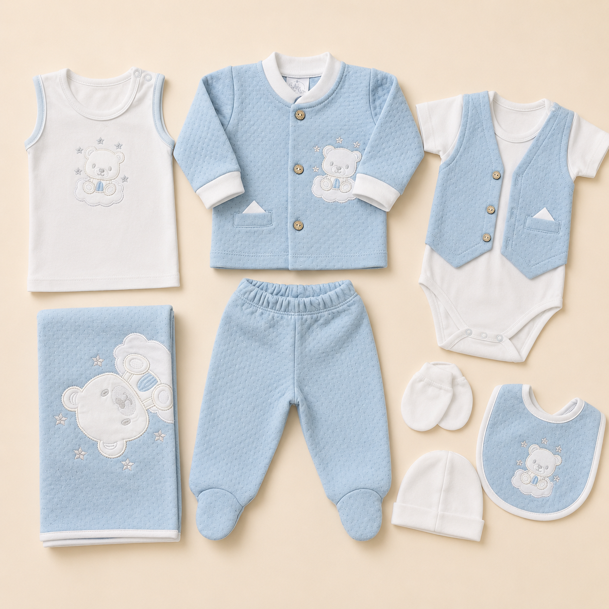 Ajuar Recién Nacido Osito Azul 8 Piezas – Mara Baby