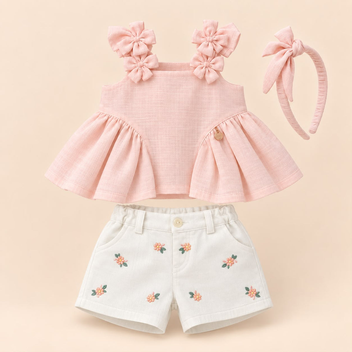 Vista posterior de la blusa rosa con vuelo, short blanco bordado y moño para el cabello