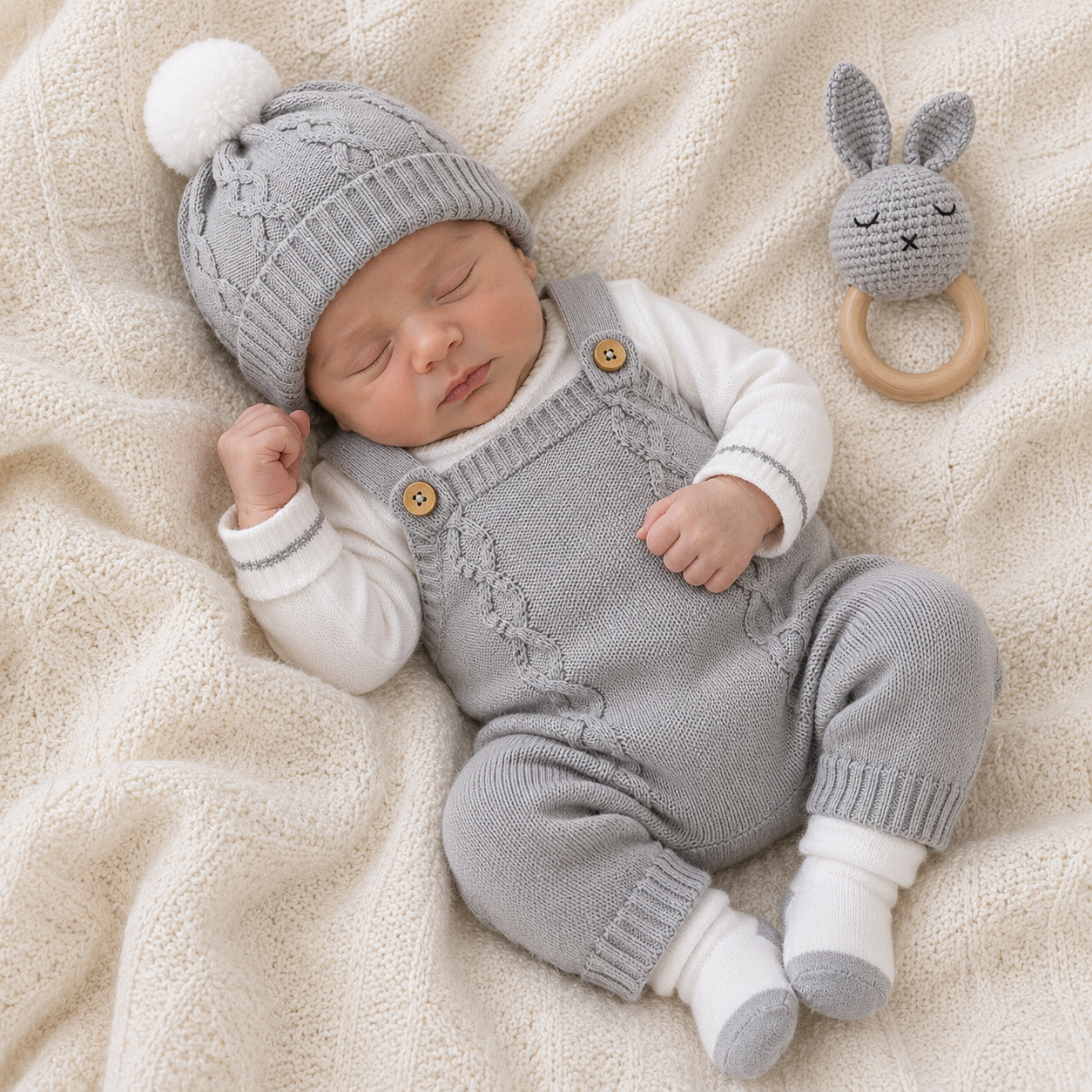 ⚪️ Conjunto Primera Muda Tejido Ref. Wally – Gris | Mara Baby