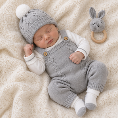 ⚪️ Conjunto Primera Muda Tejido Ref. Wally – Gris | Mara Baby