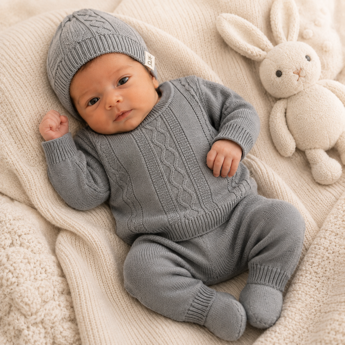 Conjunto Tejido Clásico para Bebé Gris Suave | Suéter, Polaina, Body y Gorro | 4 Piezas