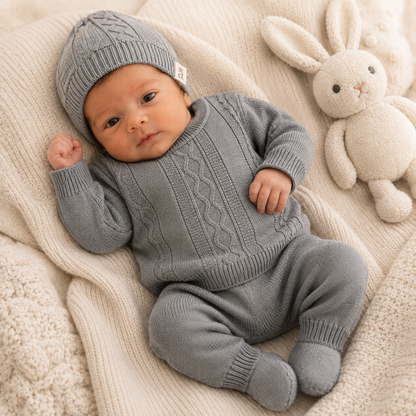 Conjunto Tejido Clásico para Bebé Gris Suave | Suéter, Polaina, Body y Gorro | 4 Piezas