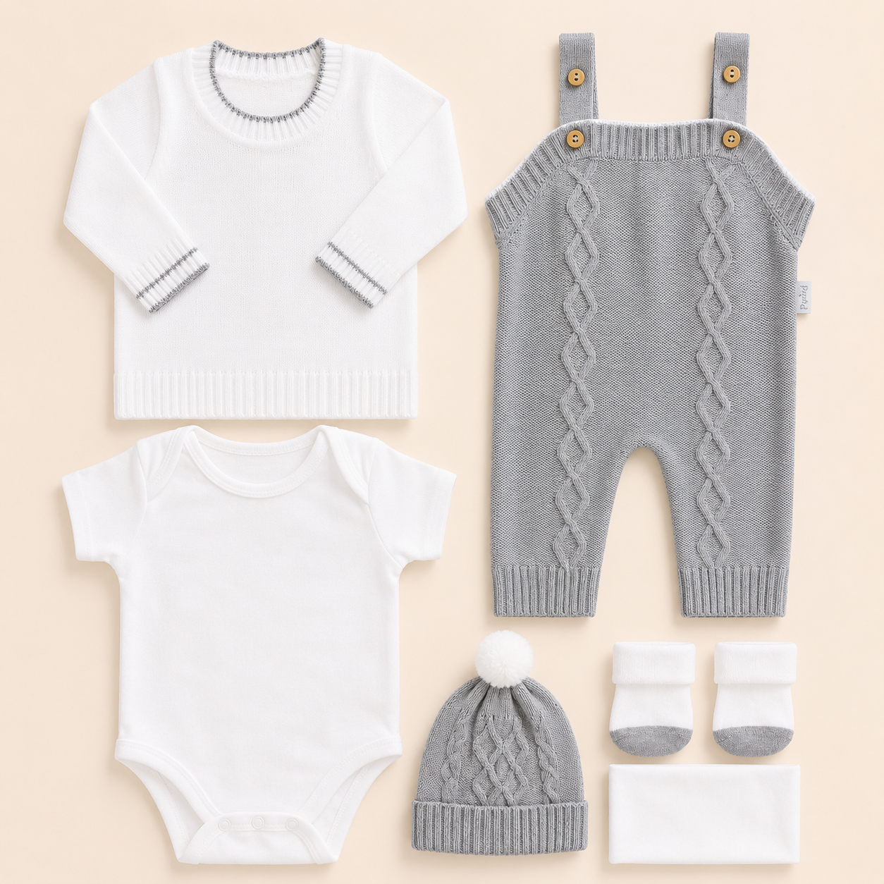 ⚪️ Conjunto Primera Muda Tejido Ref. Wally – Gris | Mara Baby