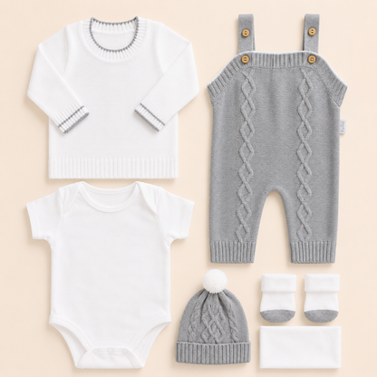 ⚪️ Conjunto Primera Muda Tejido Ref. Wally – Gris | Mara Baby