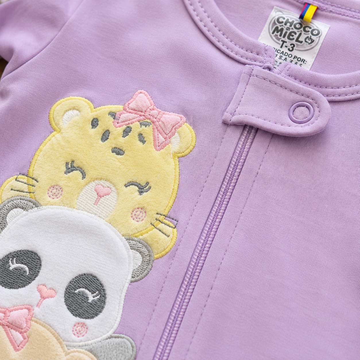 Set 3 Pijamas Enterizas Bebe Nina Tigre Panda Oso Lila - Manga Larga con Piecitos Choco Miel