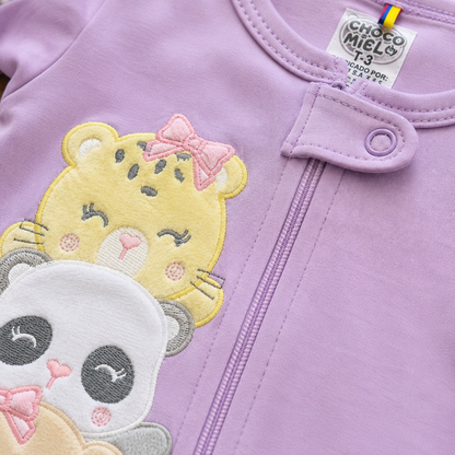 Set 3 Pijamas Enterizas Bebe Nina Tigre Panda Oso Lila - Manga Larga con Piecitos Choco Miel
