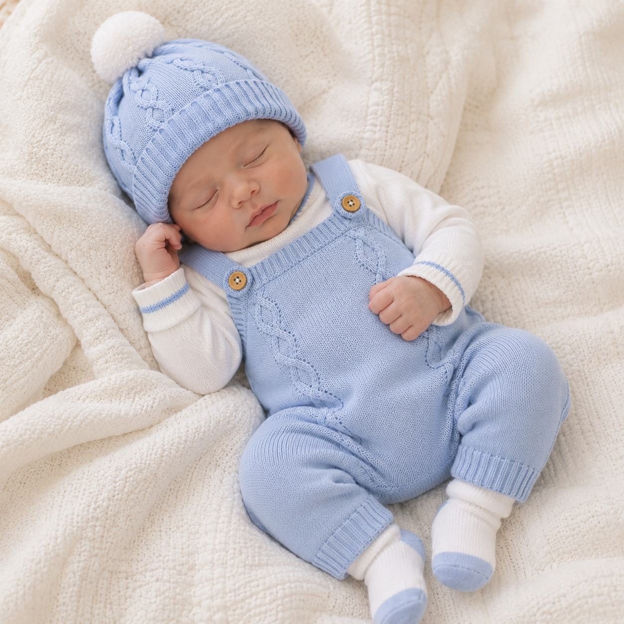 ⚪️ Conjunto Primera Muda Tejido Ref. Wally – Azul Cielo | Mara Baby