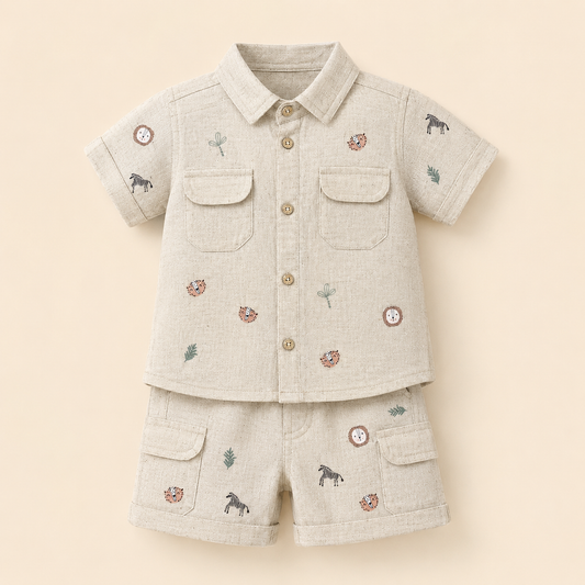 ⚪️Conjunto Safari Bebé – Camisa y Short con Bordados de Animales