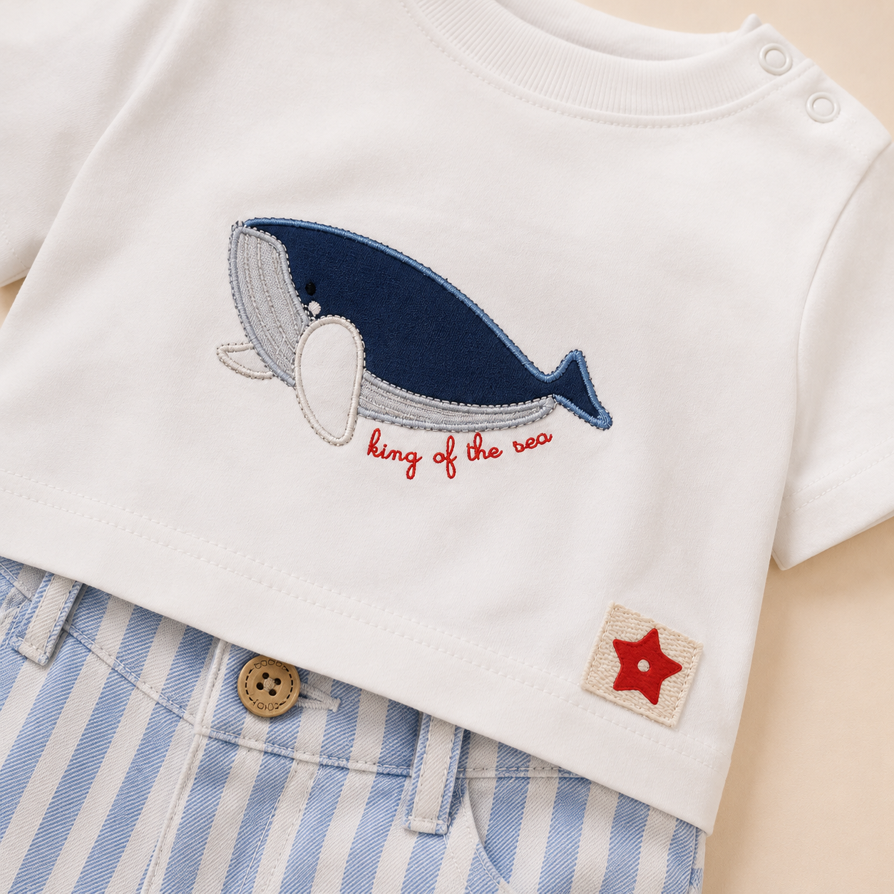⚪️ Conjunto King of the Sea Bebé – Camiseta Blanca Ballena y Short a Rayas Azul