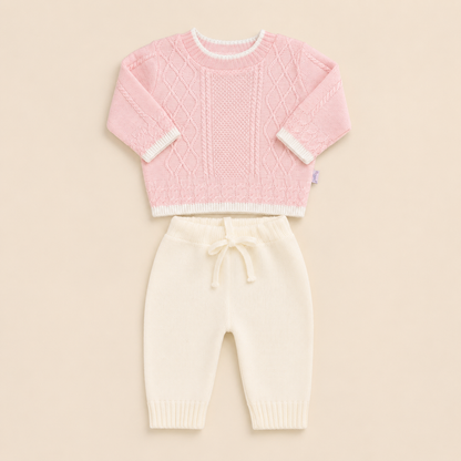 Conjunto Tejido Bebé Niña Ref. Aly 6 Piezas — Sweater Cable Knit Rosa + Pantalón Crema | Mara Baby