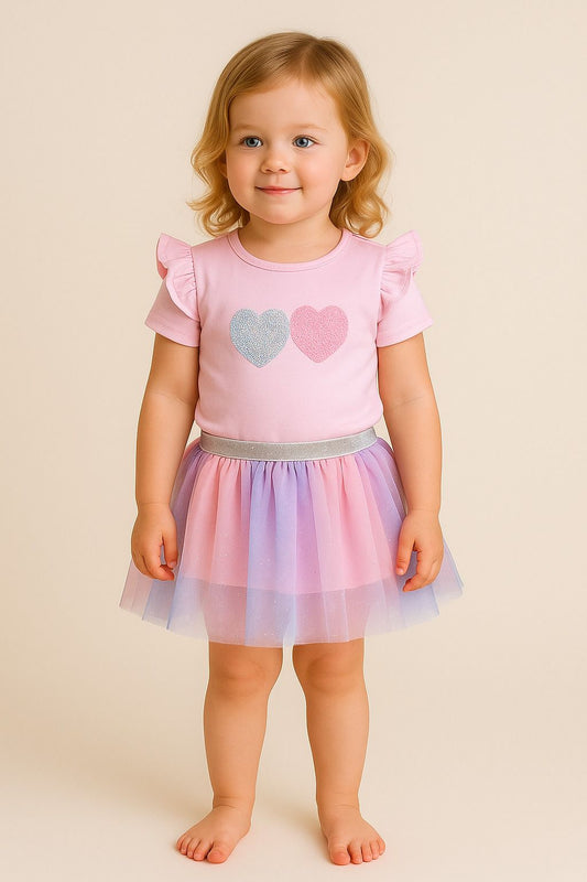 CONJUNTO TUTU CORAZONES ROSADO CON LILA