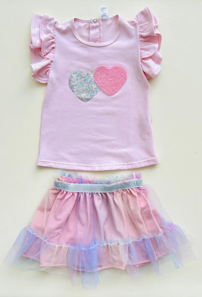 CONJUNTO TUTU CORAZONES ROSADO CON LILA