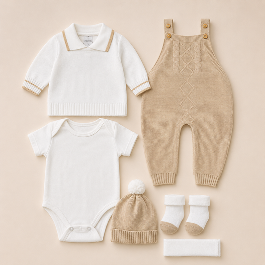 ⚪️ Conjunto Tejido Premium Recién Nacido 7 Piezas – Overol Ref. Ámbar Beige |