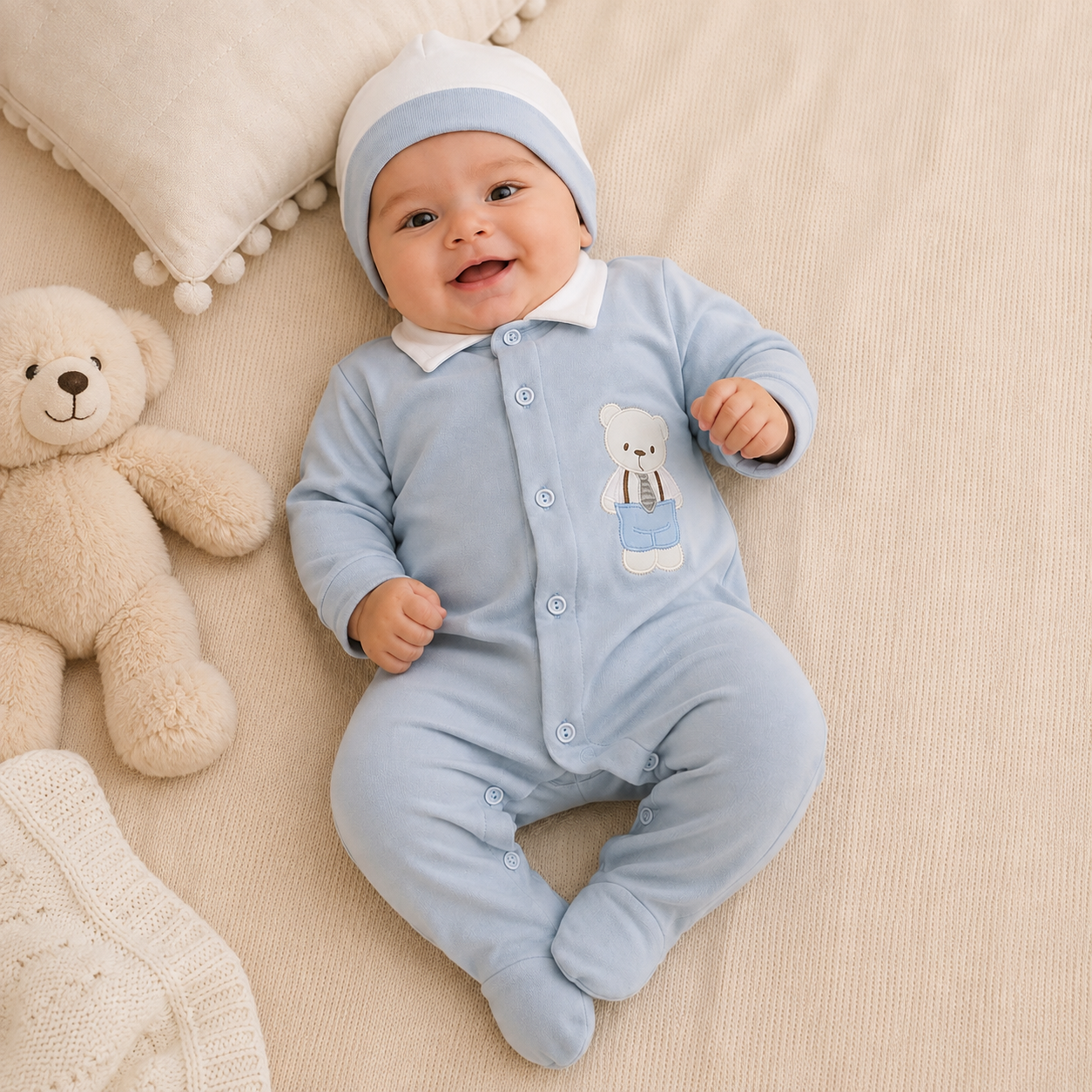 Conjunto de Salida Bebé Niño Enterizo Azul Cielo con Gorro Osito Elegante | Mara Baby