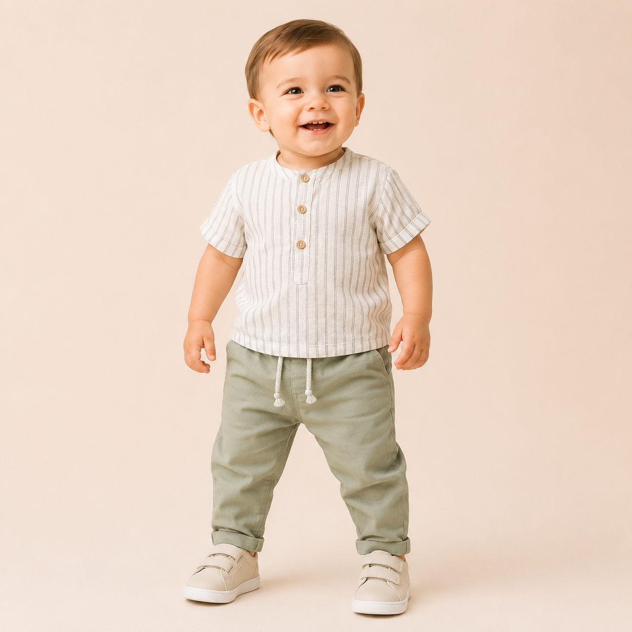 ⭕️ Conjunto Casual para Bebé Niño | Camisa de Lino a Rayas y Pantalón Verde Sage | Set 2 Piezas
