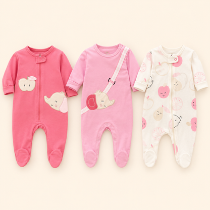 Set 3 Pijamas chocomiel Bebe Nina - Enterizos con Piecitos Manzanitas y Elefante Aplique