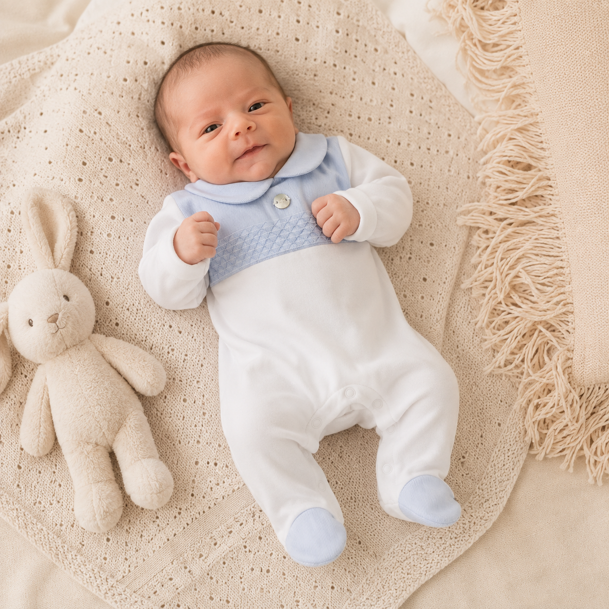 Enterizo de Gala Bebé Niño Blanco con Pechera Azul Smocking y Piecitos | Mara Baby