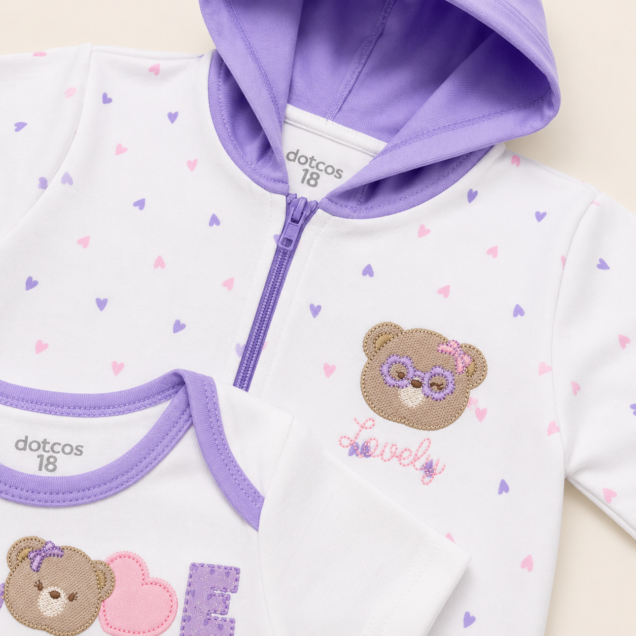 Conjunto 3 Piezas Bebe Nina Lila Osita Lovely - Chaqueta con Capucha, Body y Pantalon