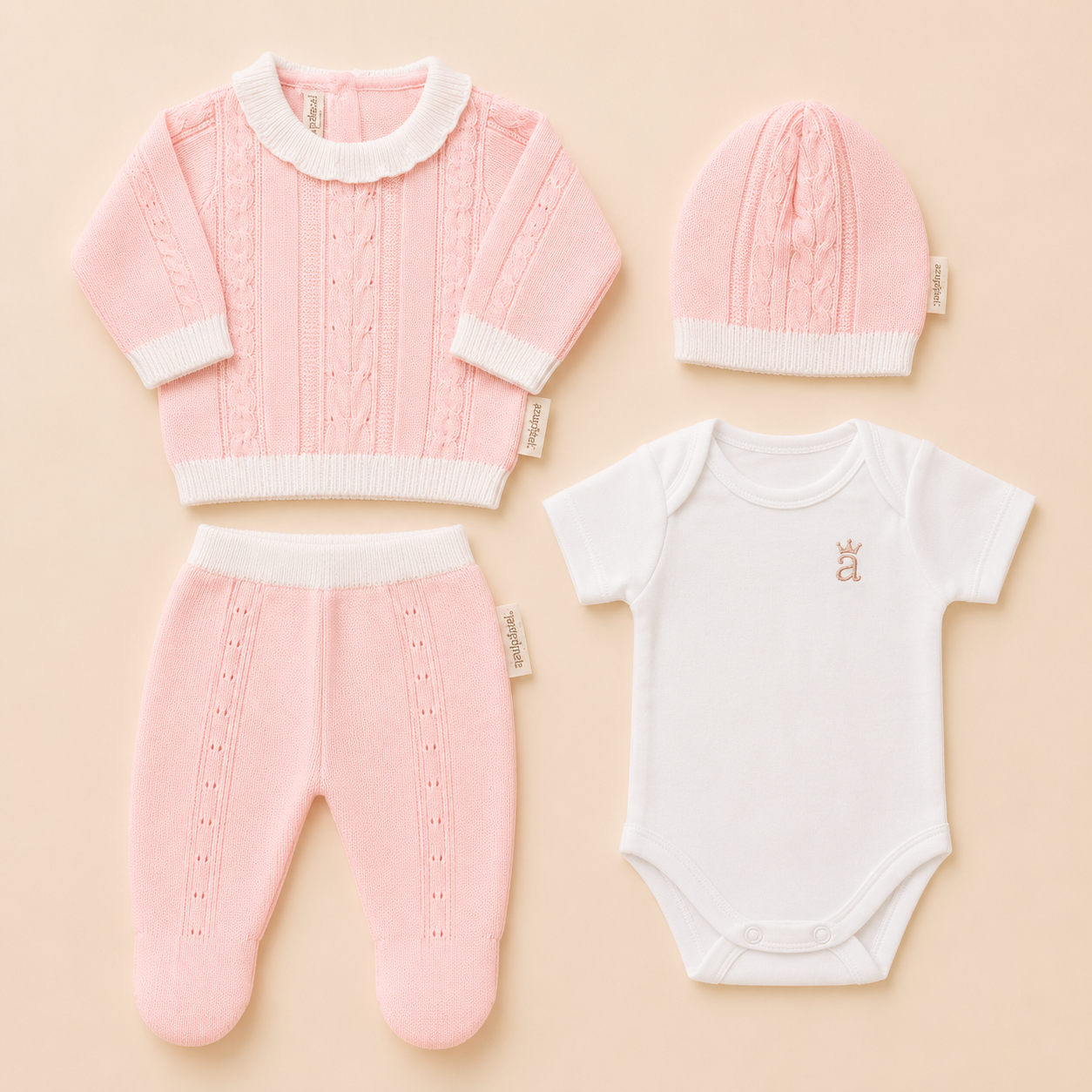 Ajuar Recién Nacido Suéter Trenzado Rosa 4 Piezas | Mara Baby