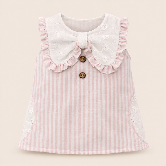 ⚪️ Vestido Bebé Niña | Blómer Clásico Rosa con Cuello Broderie, Moño y Botones Vintage |