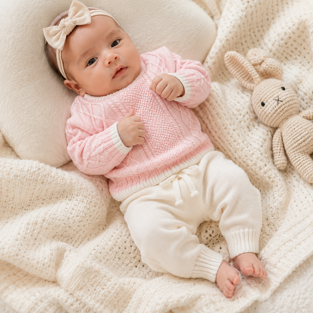 Conjunto Tejido Bebé Niña Ref. Aly 6 Piezas — Sweater Cable Knit Rosa + Pantalón Crema | Mara Baby