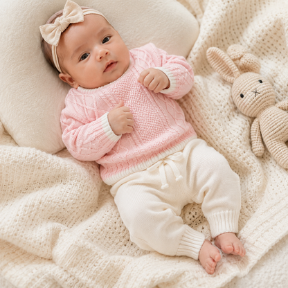 Conjunto Tejido Bebé Niña Ref. Aly 6 Piezas — Sweater Cable Knit Rosa + Pantalón Crema | Mara Baby