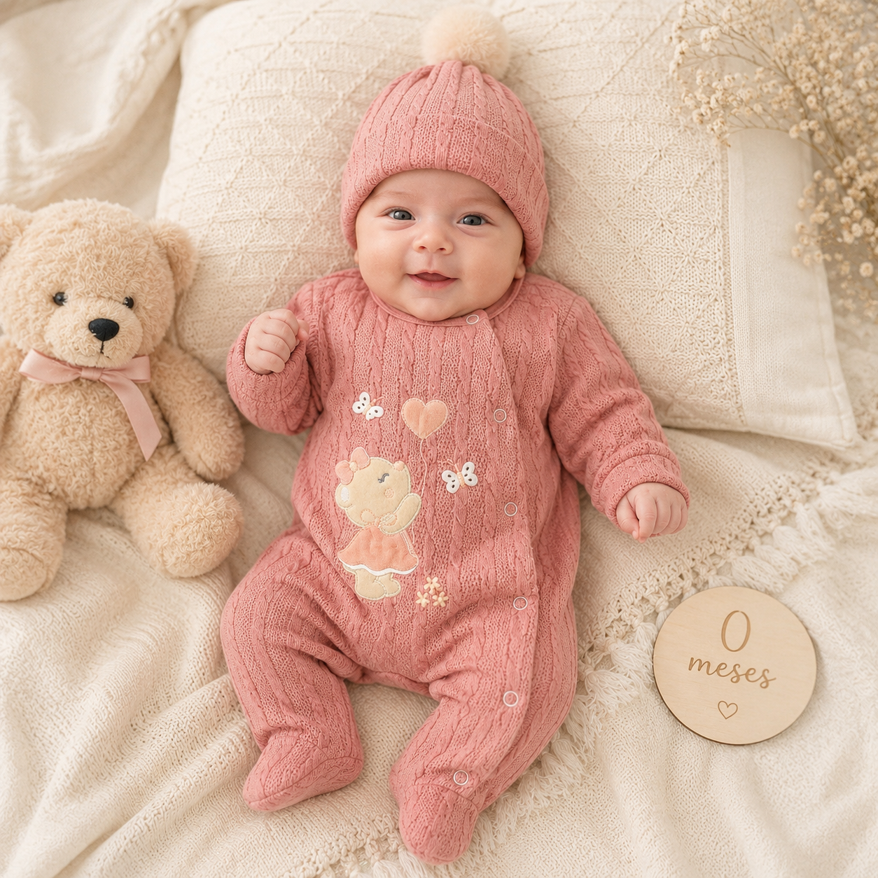 Ajuar Recién Nacida Niña 8 Piezas coral – Conjunto Tejido Cable Knit con Bordado Osita | Mara Baby