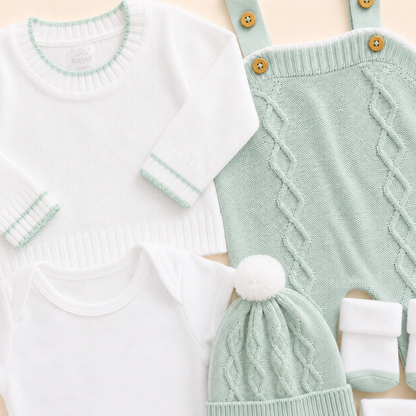 ⚪️ Conjunto Primera Muda Tejido Ref. Wally – Verde Menta | Mara Baby