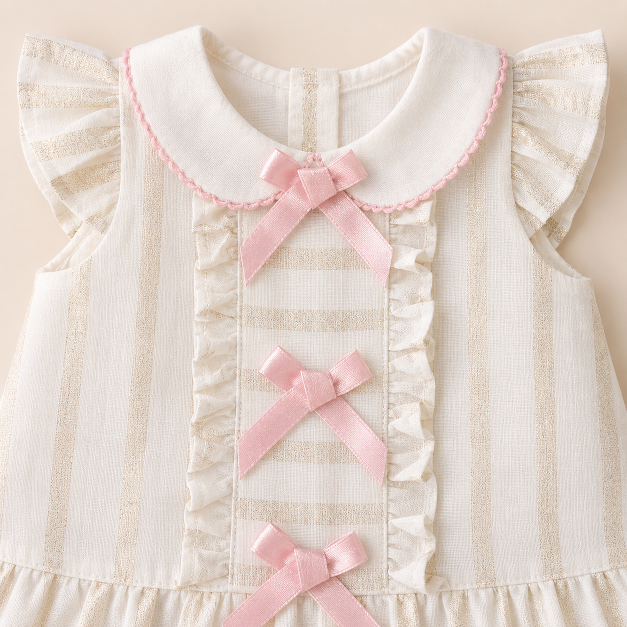 ⚪️ Vestido Niña Estilo Coquette | Crema con Moños Rosados, Cuello Peter Pan y Volantes |