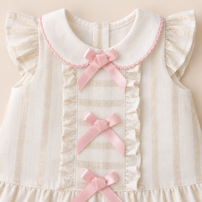 ⚪️ Vestido Niña Estilo Coquette | Crema con Moños Rosados, Cuello Peter Pan y Volantes |