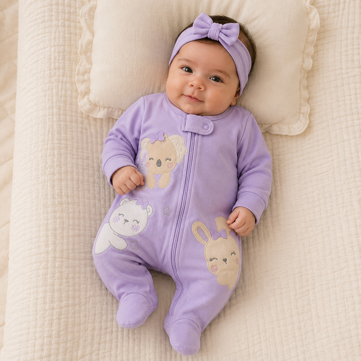 Set 3 Pijamas Enterizas Bebe Nina Koala Conejo Oso Lila - Manga Larga con Piecitos
