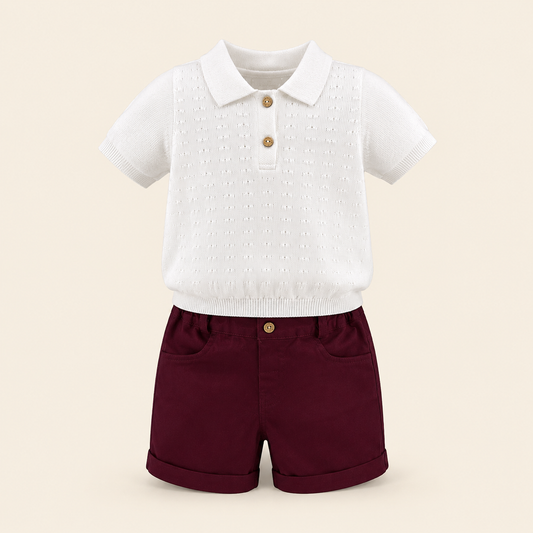 ⚪️ Conjunto Polo Calado Bebé – Suéter Blanco Pointelle y Short Vino