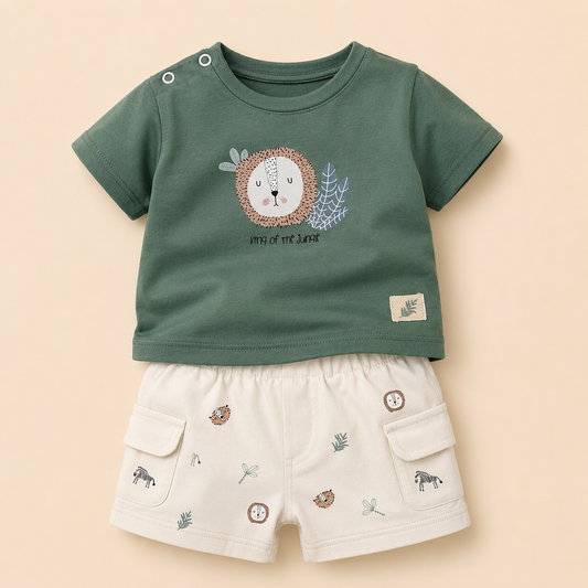 ⚪️ Conjunto King of the Jungle Bebé – Camiseta Verde y Short Safari con Bordados
