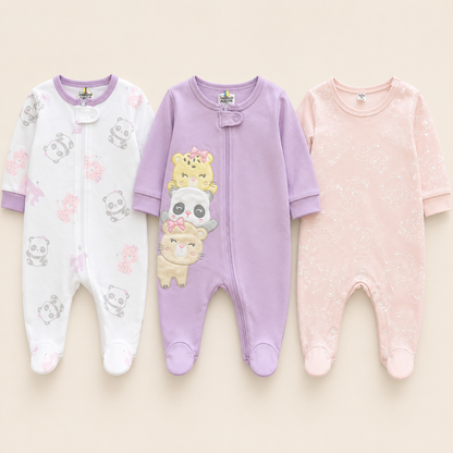 Set 3 Pijamas Enterizas Bebe Nina Tigre Panda Oso Lila - Manga Larga con Piecitos Choco Miel